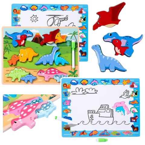 ⁨Układanka Tablica 2w1 Drewniana Edukacyjna Pisak Dinozaury 12el⁩ w sklepie Wasserman.eu