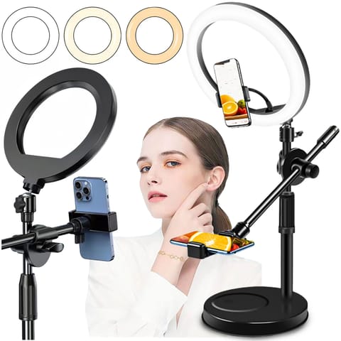 Lampa pierścieniowa LED Ring 10" 2x uchwyt na telefon stojąca statyw na biurko regulowane ramie Alogy Czarna w sklepie Wasserman.eu