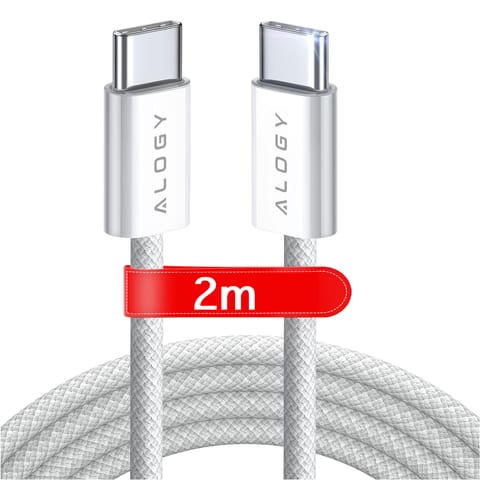 ⁨Kabel USB-C typ C mocny szybki PD 2M do iPhone 15 Alogy nylonowy przewód Biały⁩ w sklepie Wasserman.eu