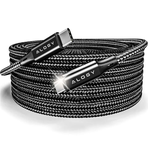 ⁨Kabel USB-C typ C mocny szybki 60W PD 2M do iPhone 15/Pro/Max nylonowy przewód Alogy Czarny⁩ w sklepie Wasserman.eu