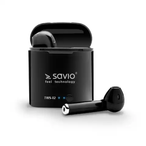 ⁨Słuchawki bezprzewodowe SAVIO TWS-02 (douszne; bezprzewodowe, Bluetooth; z wbudowanym mikrofonem; kolor czarny⁩ w sklepie Wasserman.eu
