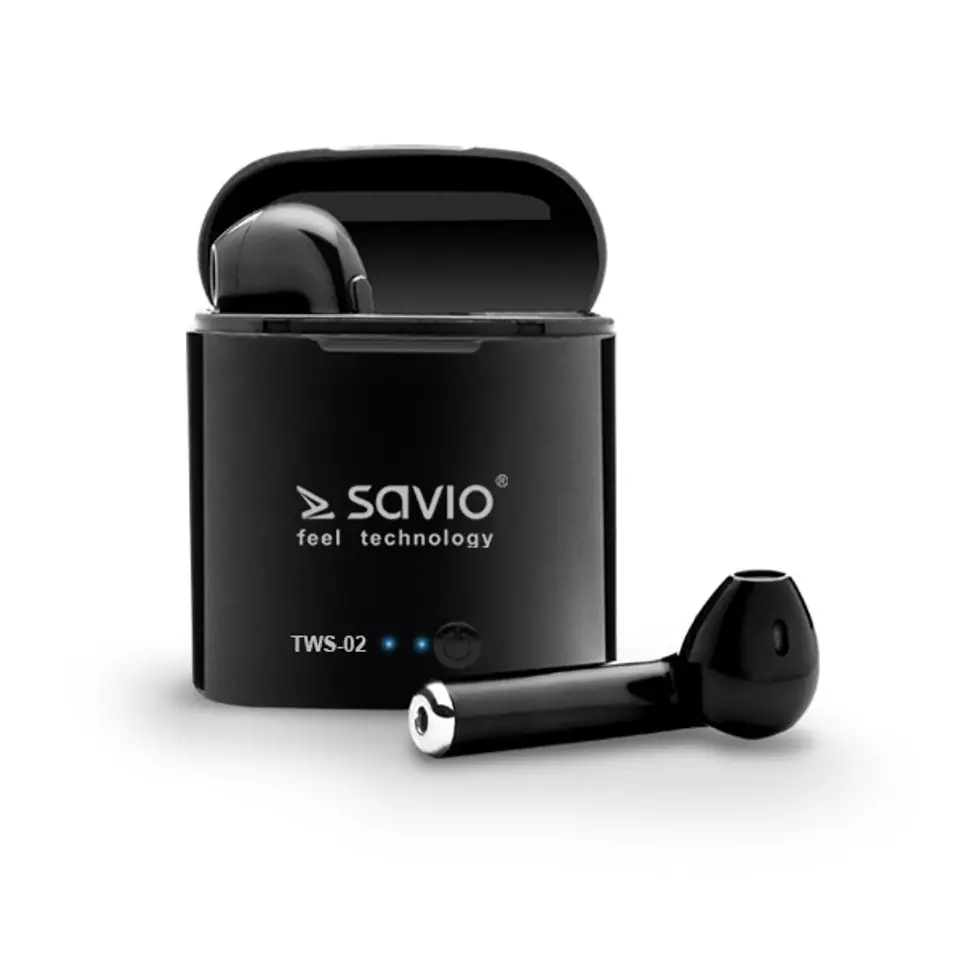 ⁨Słuchawki bezprzewodowe SAVIO TWS-02 (douszne; bezprzewodowe, Bluetooth; z wbudowanym mikrofonem; kolor czarny⁩ w sklepie Wasserman.eu