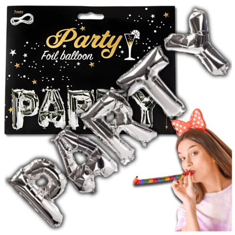 ⁨BALON FOLIOWY OGROMNY NAPIS PARTY SREBRNY URODZINY SYLWESTER WYSOKOŚĆ 40 CM⁩ w sklepie Wasserman.eu