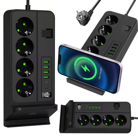 ⁨Rozgałęźnik gniazdka Alogy Plug Extender rozdzielacz adapter przedłużacz 3m z ładowarką Qi indukcyjną 4x wtyczka EU + 4x USB + 2x USB-C Czarny⁩ w sklepie Wasserman.eu
