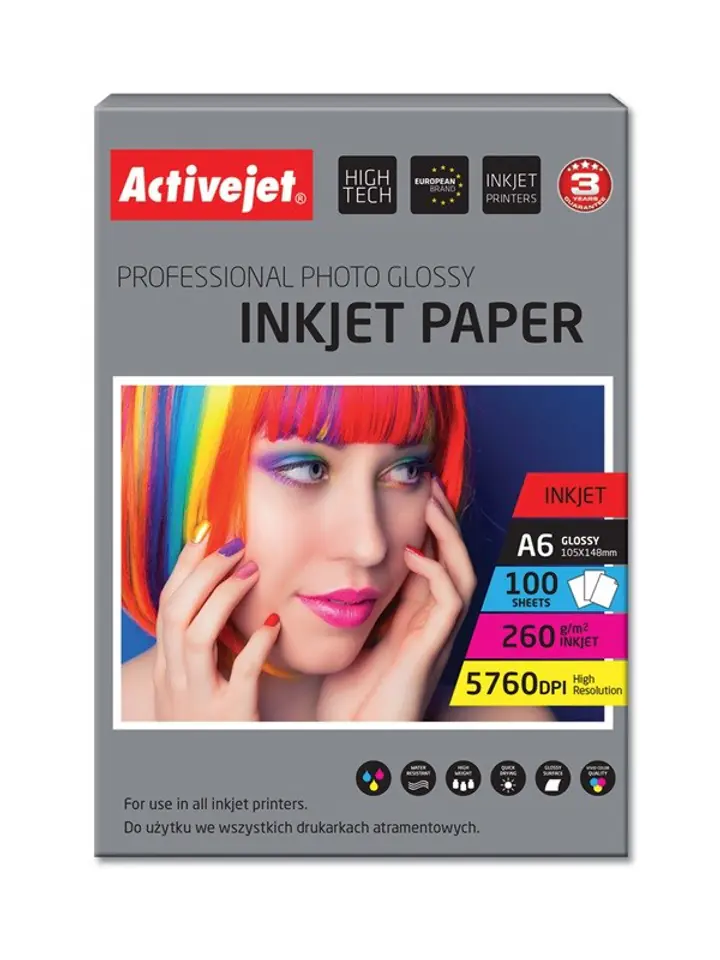 ⁨Activejet AP6-260GR100 photo paper for ink printers; A6; 100 pcs, 10x15⁩ at Wasserman.eu