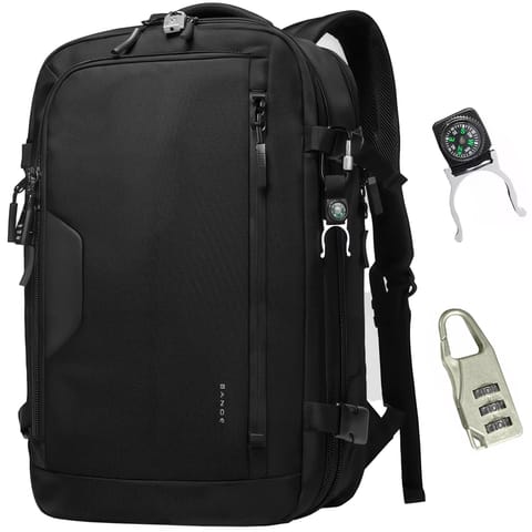 Plecak wodoodporny Bange na laptopa 15.6" miejski podróżny rozszerzalny 55 x 35 x 21-27 cm do samolotu męski damski + kłódka szyfr kompas zaczep na butelkę Czarny w sklepie Wasserman.eu