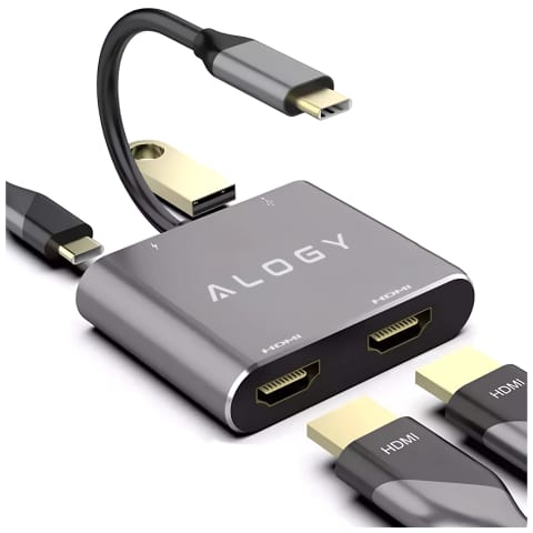 ⁨Adapter HUB 4w1 Alogy przejściówka USB-C do 2x HDMI USB 3.0 USB-C szybkie ładowanie PowerDelivery PD 100W⁩ w sklepie Wasserman.eu
