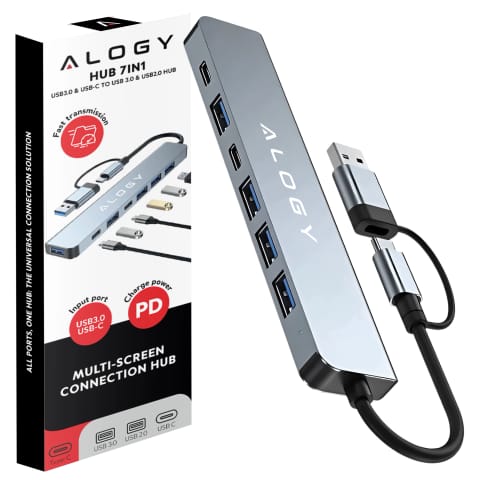 ⁨Adapter HUB 7w1 Alogy przejściówka USB-C / USB do USB 3.0 4x USB 2.0 2x USB-C 2.0⁩ w sklepie Wasserman.eu