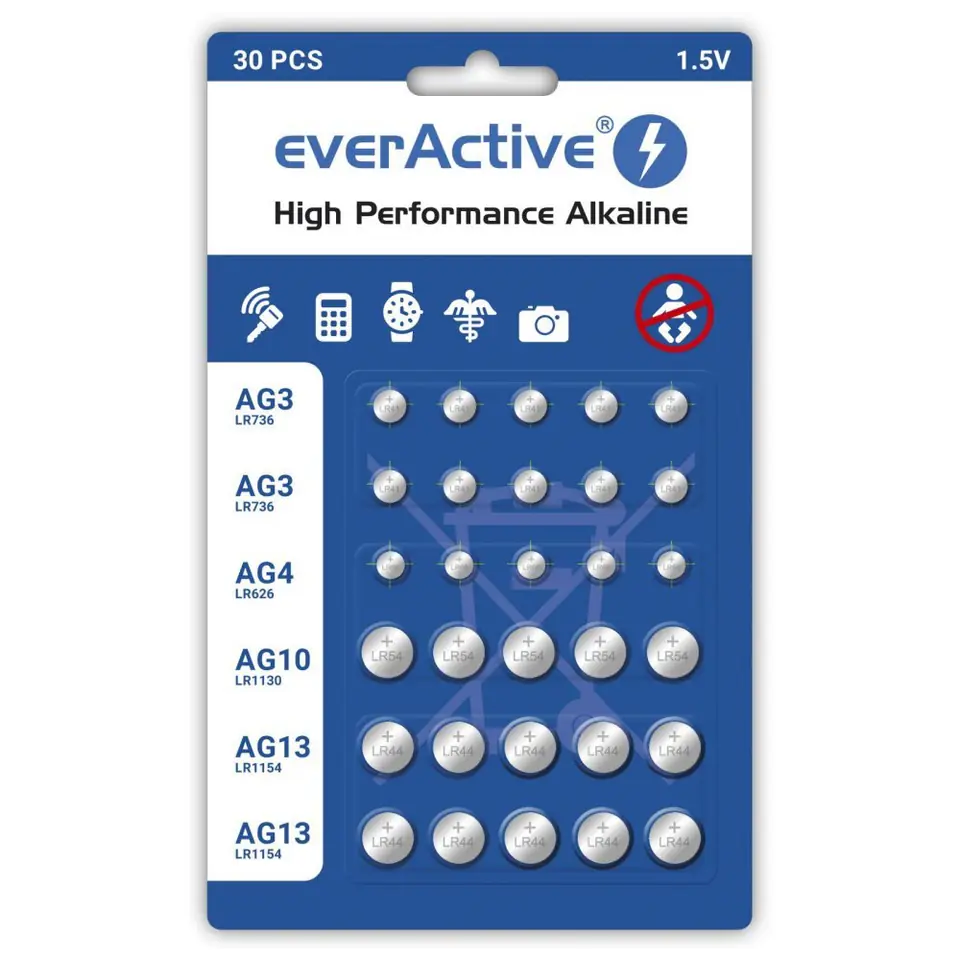 ⁨EVERACTIVE BATERIE ALKALICZNE MINI ZESTAW: 10 X G3 / LR41, 5 X G4 / LR626, 5 X G10 / LR1130, 10 X G13 / LR1154 AGMIX30BL⁩ w sklepie Wasserman.eu