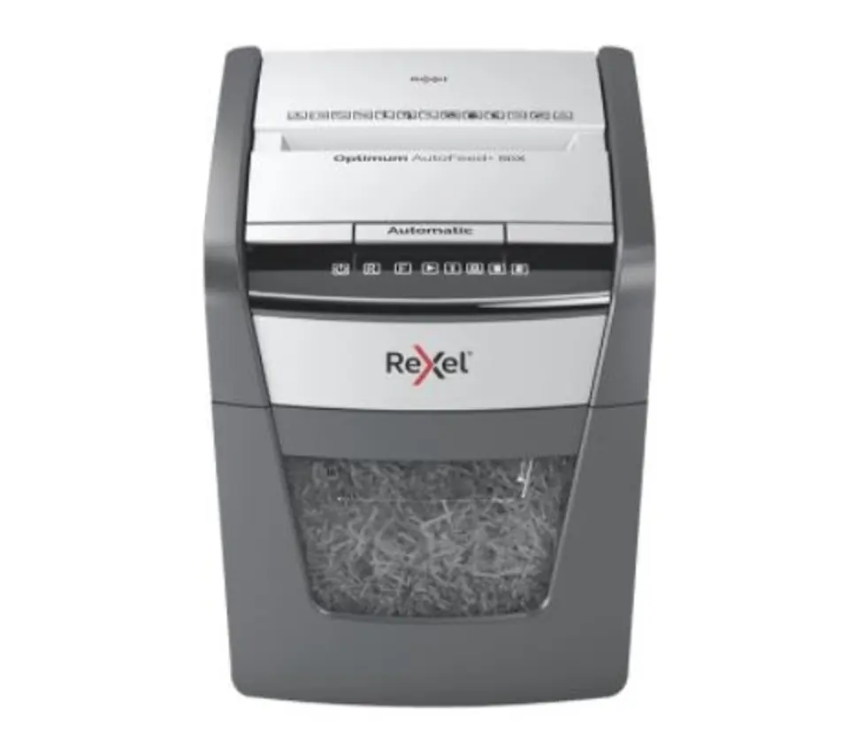 Rexel AutoFeed+ 50X shredder, P-4, cuts confetti cut (4x28mm), 50 sheets, 20 litre bin at Wasserman.eu