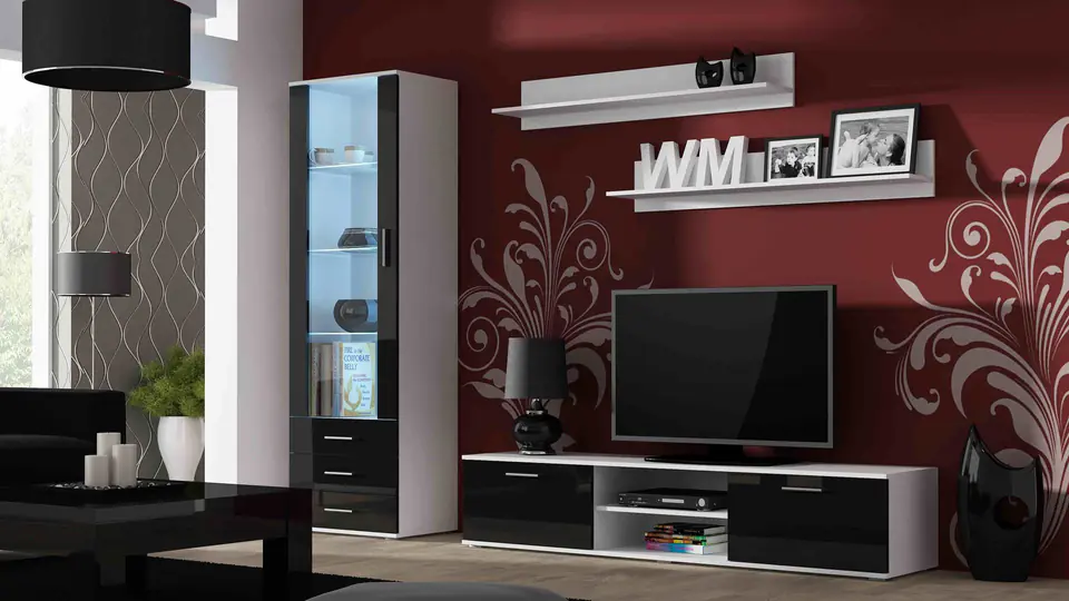 ⁨Furniture set SOHO 1 (RTV180 cabinet + S1 cabinet + shelves) White/Black Gloss⁩ at Wasserman.eu