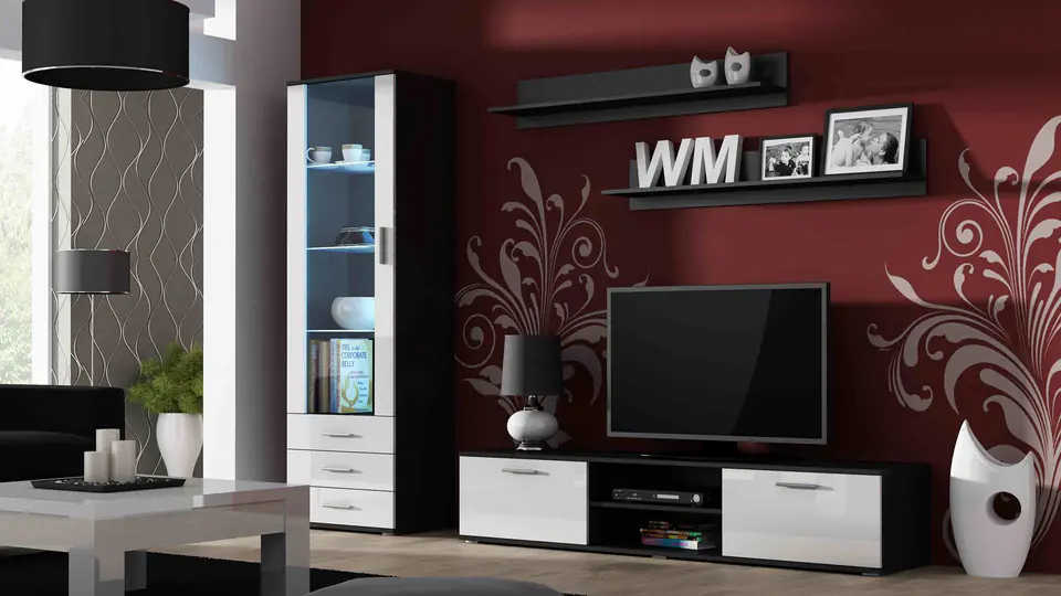 ⁨SOHO 1 furniture set (TV180 cabinet + S1 cabinet + shelves) Black / White Gloss⁩ at Wasserman.eu