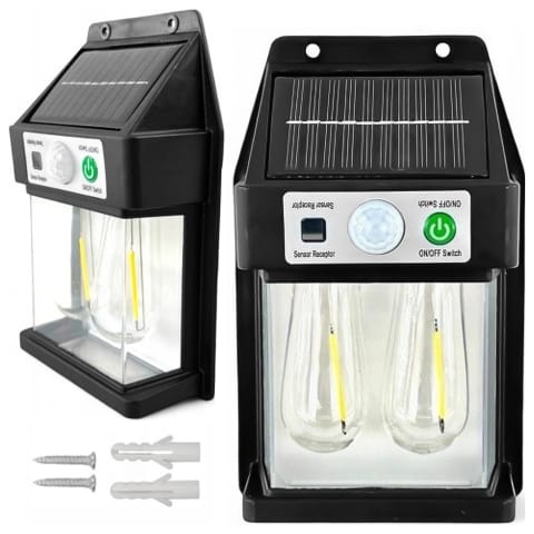 Lampa Solarna elewacyjna Kinkiet LED 60 na ścianę domu ogrodowa Barwa Ciepła 2 żarówki Czarna w sklepie Wasserman.eu