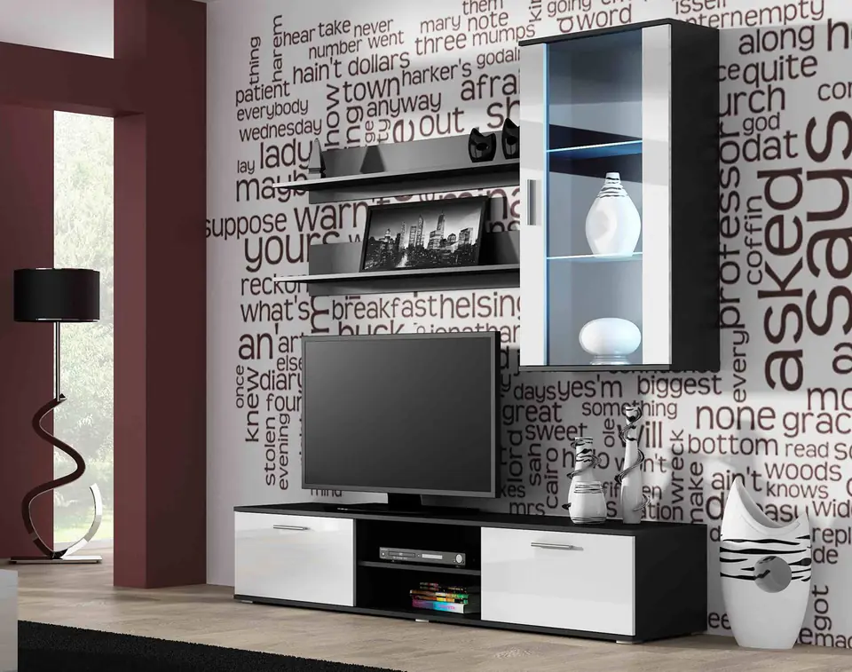 ⁨SOHO 5 set (RTV180 cabinet + Wall unit + shelves) Black/White gloss⁩ at Wasserman.eu