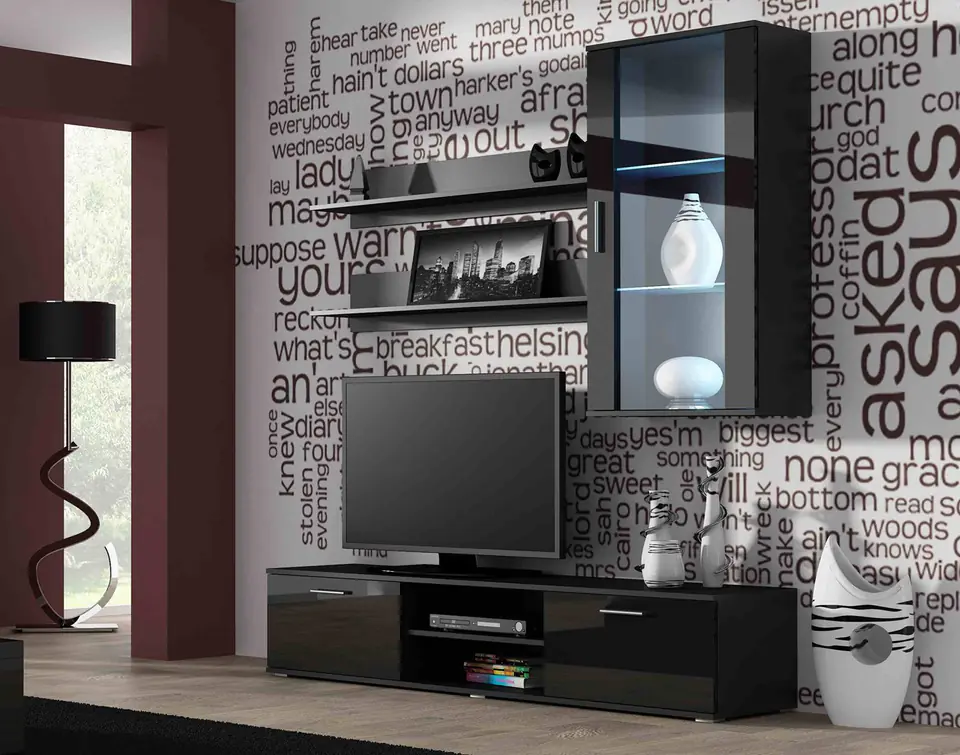 ⁨SOHO 5 set (RTV180 cabinet + Wall unit + shelves) Black/Black gloss⁩ at Wasserman.eu