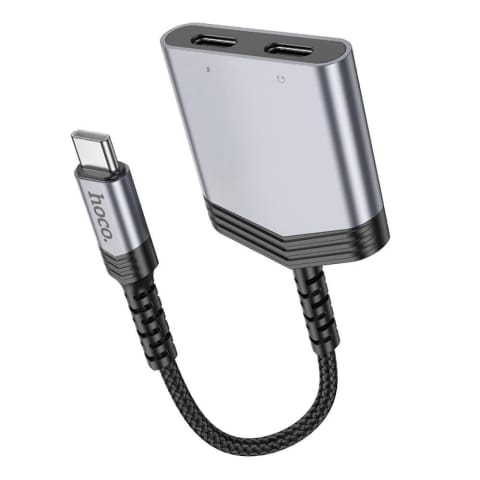 ⁨HOCO Adapter AUX 2w1 Typ C Do 2 x Typ C 27W LS40 Szary⁩ w sklepie Wasserman.eu