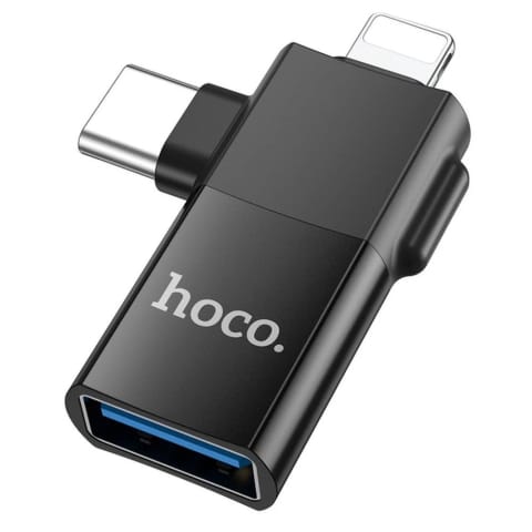 ⁨HOCO Adapter OTG Typ C (Męski) / Lightning (Męski) Do USB A (Żeński) 2w1 UA17 Czarny⁩ w sklepie Wasserman.eu