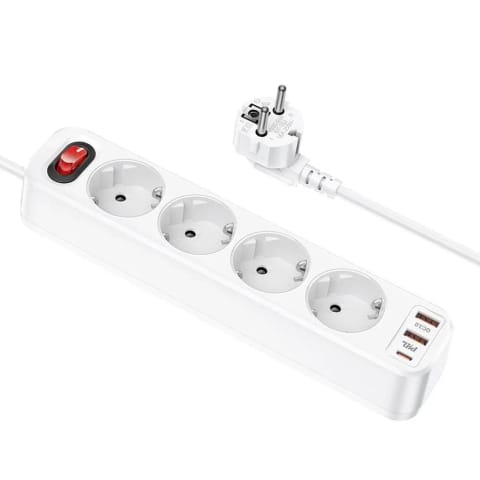 ⁨HOCO Listwa Zasilająca 4 Gniazda + 2x USB-A + Typ C PD QC3.0 20W NS1 1,8 m⁩ w sklepie Wasserman.eu