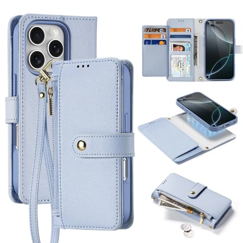 ⁨Etui skórzane do iPhone 16 Pro Dux Ducis Lawa z portfelem MagSafe błękitne⁩ w sklepie Wasserman.eu