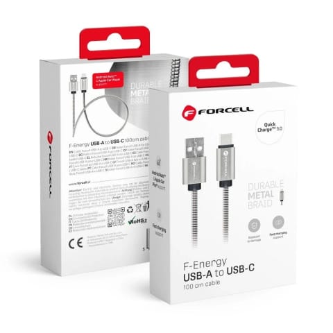 ⁨Kabel USB-A do USB-C 12W 1m Forcell Stalowy QC 3.0 CarPlay/Android Auto⁩ w sklepie Wasserman.eu