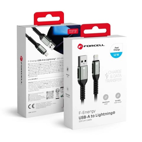 ⁨Kabel USB-A do Lightning 12W 2m Nylon Forcell Aluminiowy Biały⁩ w sklepie Wasserman.eu