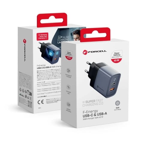 ⁨Ładowarka sieciowa Forcell GaN 45W USB-C + USB-A PD QC SFC Szara⁩ w sklepie Wasserman.eu