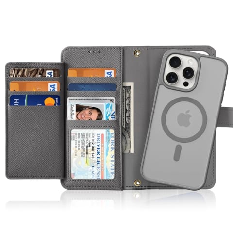 ⁨Etui do iPhone 15 Pro Dux Ducis Lawa Wallet Mag Skórzane Szare⁩ w sklepie Wasserman.eu