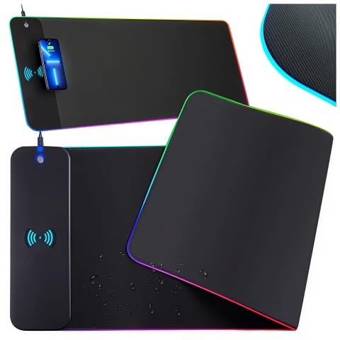 ⁨Podkładka na biurko z oświetleniem LED RGB pod myszkę mysz klawiaturę z ładowarką Qi do telefonu Alogy QiGlow Pro Mata ochronna antypoślizgowa gamingowa XL 80x30 cm Czarna⁩ w sklepie Wasserman.eu