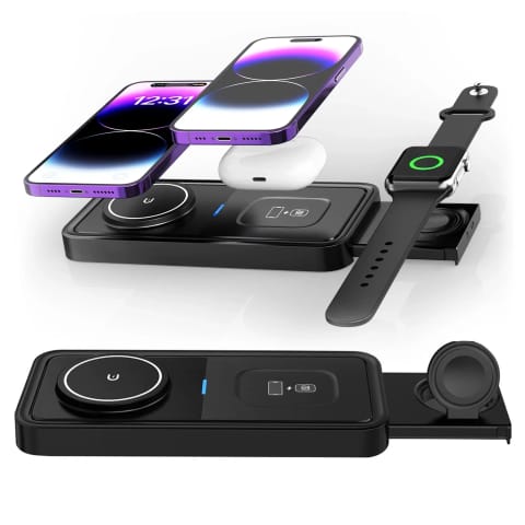 ⁨Ładowarka Indukcyjna Alogy Bezprzewodowa Qi PD QC 3.0 2w1 Szybka do Apple iPhone Airpods Watch Stacja ładująca stojak czarna⁩ w sklepie Wasserman.eu