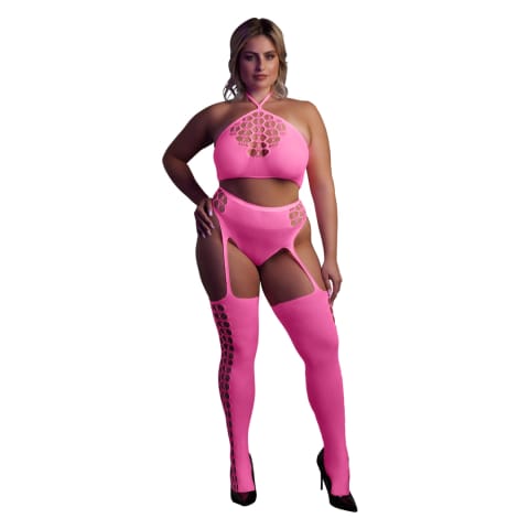 ⁨Ouch! Neon Body dwuczęściowe z topem i pończochami XL-XXXXL rożowe⁩ w sklepie Wasserman.eu
