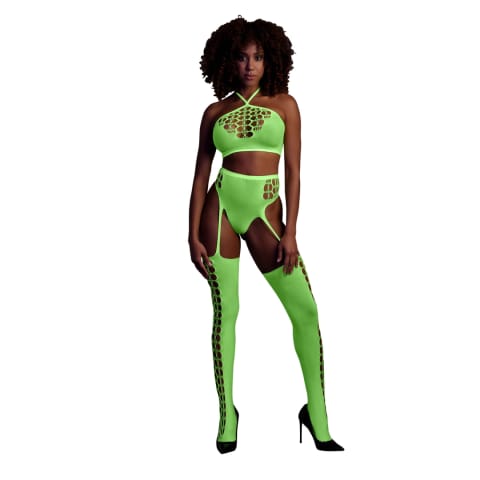 ⁨Ouch! Neon Set dwuczęściowy top z pończochami XS/L roż UV⁩ w sklepie Wasserman.eu