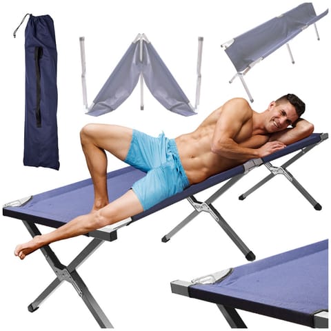 ⁨Łóżko polowe LUARO składane turystyczne kanadyjka XXL niebieskie 150kg⁩ w sklepie Wasserman.eu