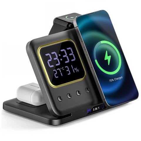 ⁨Ładowarka indukcyjna 5w1 składana Alogy MagStation Foldable Pro do MagSafe do Apple iPhone Watch AirPods z zegarem i higrometrem Czarna⁩ w sklepie Wasserman.eu
