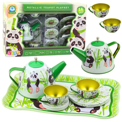 ⁨Zestaw Do Herbaty Metalowy Dzbanek Filiżanka Talerzyki Panda Zielony 14el⁩ w sklepie Wasserman.eu
