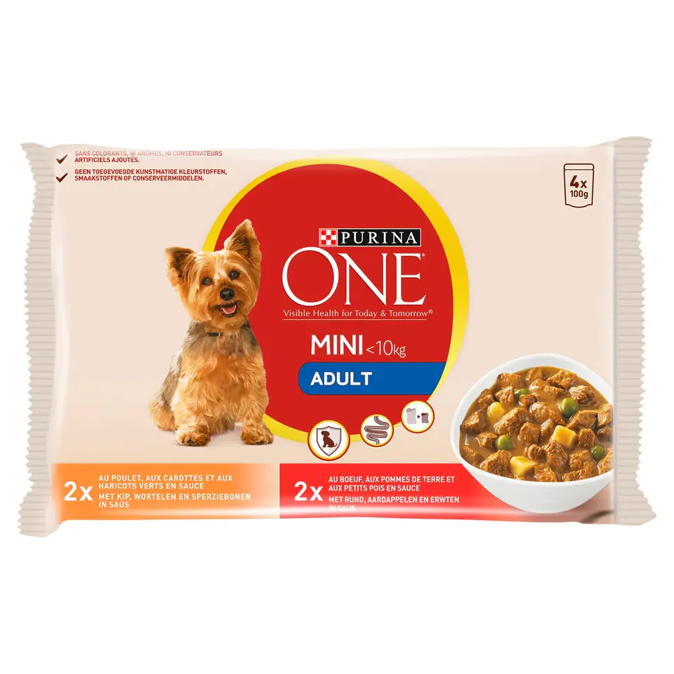 ⁨PURINA One Mini Adult Chicken, Beef - wet dog food - 4x100 g⁩ at Wasserman.eu