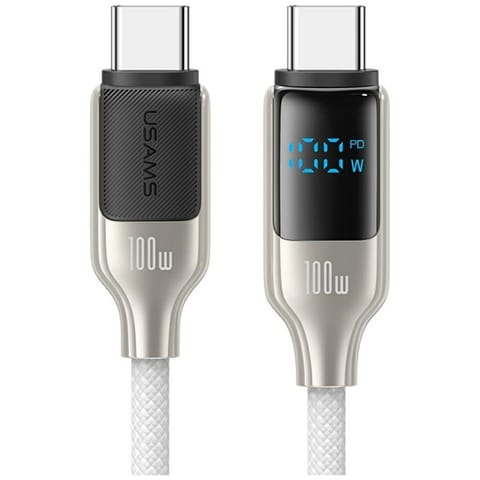 ⁨USAMS Kabel USB-C na USB-C 100W 1.2m     Digital Display Zinc Alloy Fast Charging Data Cable HX Series SJ742USB02 (US-SJ742) biały⁩ w sklepie Wasserman.eu