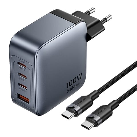 ⁨Ładowarka sieciowa Vention 3x USB-C, 1x USB-A, (100W/100W/30W/30W) (szara) z kablem USB-C do USB-C (1m) (czarny)⁩ w sklepie Wasserman.eu