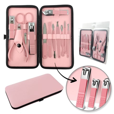 ⁨Zestaw akcesoriów do manicure, pedicure w etui różowe 12w1 AK20⁩ w sklepie Wasserman.eu