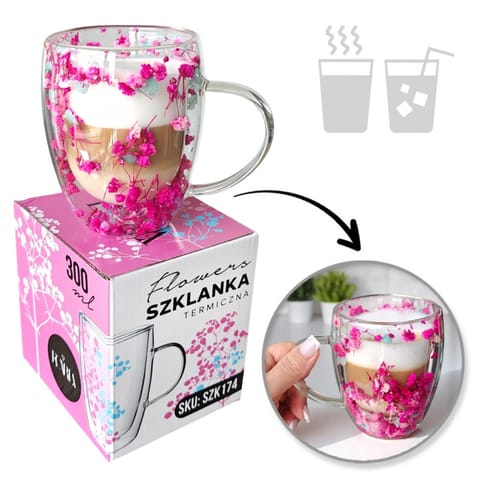 ⁨Szklanka termiczna z kwiatami w środku, gipsówka hortensje róż 300 ml 1szt SZK174⁩ w sklepie Wasserman.eu