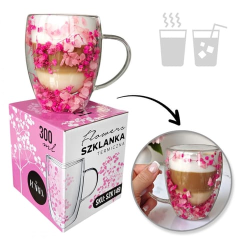 ⁨Szklanka termiczna z kwiatami w środku, gipsówka hortensje róż 300 ml 1szt SZK149⁩ w sklepie Wasserman.eu