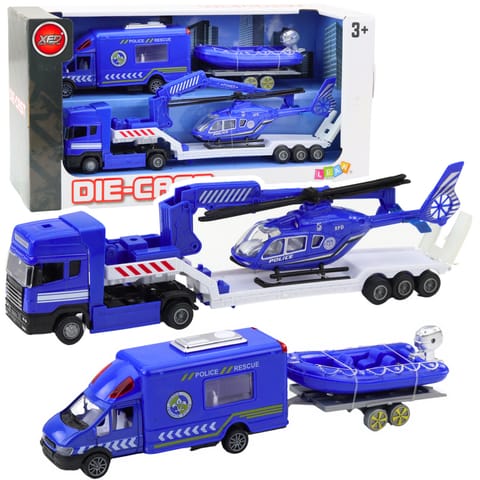 ⁨Zestaw Policyjny Samochód Ratunkowy Łódź Ciężarówka Helikopter Niebieski⁩ w sklepie Wasserman.eu