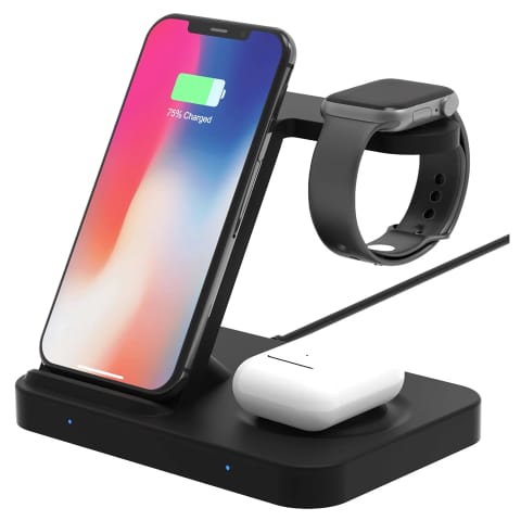 ⁨Ładowarka indukcyjna Qi 15W do iPhone Apple AirPods  bezprzewodowa 2w1 Stacja dokująca Czarna⁩ w sklepie Wasserman.eu