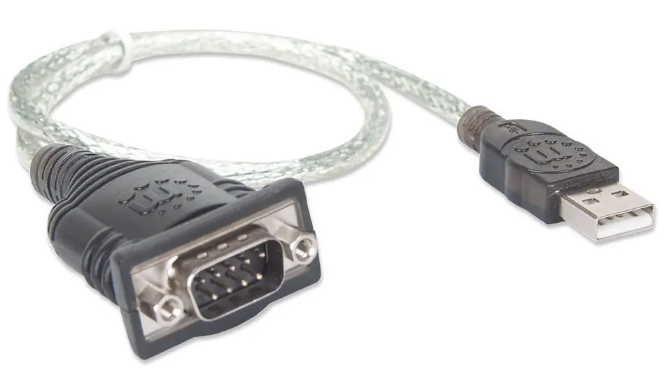 ⁨Manhattan USB-A to Serial Converter cable, 45cm, Male to Male, Serial/RS232/COM/DB9, Prolific PL-2303RA Chip, Equivalent to ICUSB232V2, Black/Silver cable, Three Year Warranty, Blister⁩ at Wasserman.eu