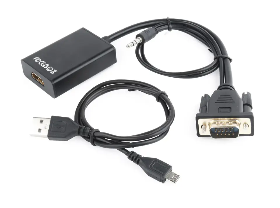 ⁨Adapter GEMBIRD A-VGA-HDMI-01 (HDMI F - D-Sub (VGA), Jack stereo 3,5 mm, USB 2.0 M; 0,15m; kolor czarny)⁩ w sklepie Wasserman.eu
