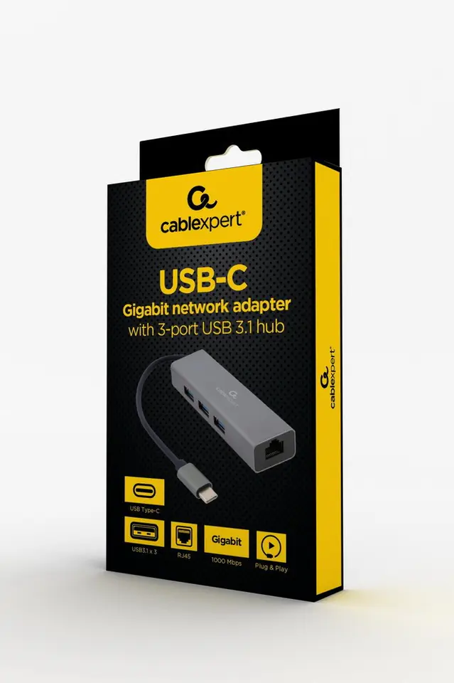 ⁨GEMBIRD ADAPTER USB-C -> LAN RJ-45 1GB NA KABLU HUB 3X USB 3.1⁩ w sklepie Wasserman.eu