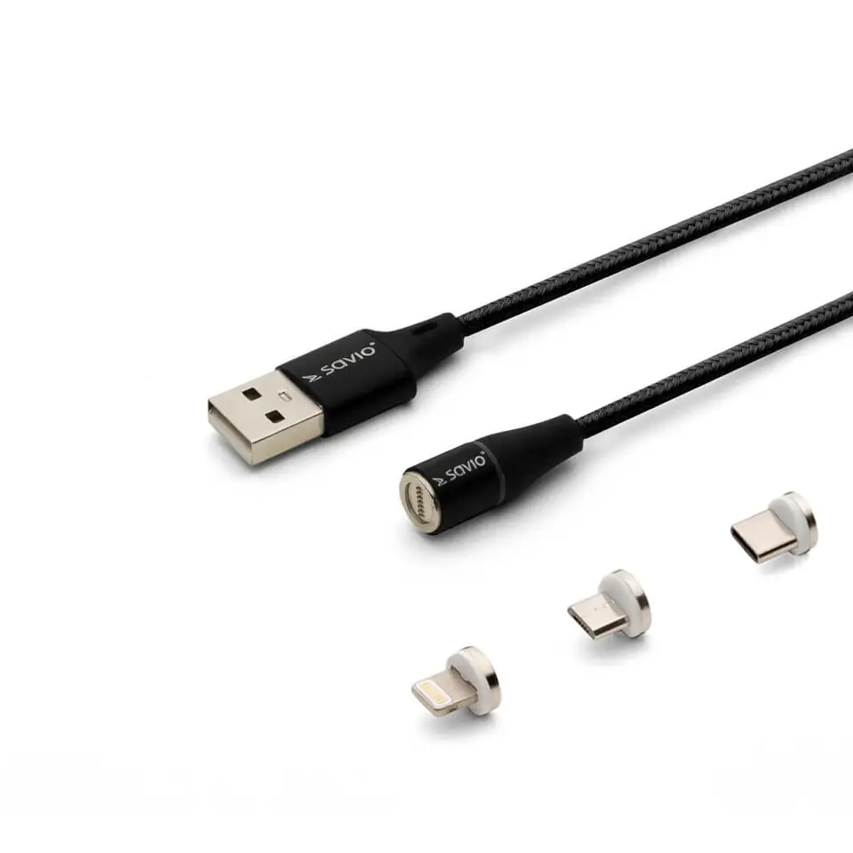 ⁨SAVIO KABEL MAGNETYCZNY USB - USB TYP C, MICRO I LIGHTNING, 2M, CZARNY CL-155⁩ w sklepie Wasserman.eu