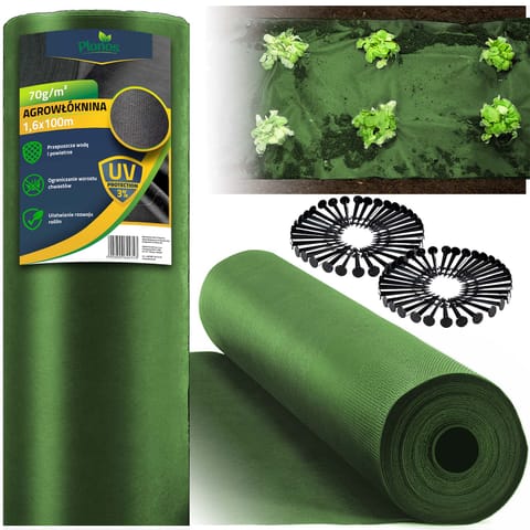 ⁨Agrowłóknina ogrodowa 1,6 m x 100 m 90 g/m2 + 100 szpilek Plonos - zielona⁩ w sklepie Wasserman.eu