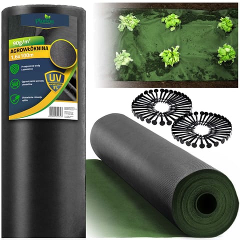 ⁨Agrowłóknina ogrodowa 1,6 m x 100 m 90 g/m2 + 100 szpilek Plonos - czarno-zielona⁩ w sklepie Wasserman.eu