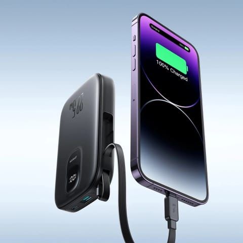⁨Powerbank Joyroom JR-PBF18 10000 mAh 22.5 W z kablem Lightning & USB-C – czarny⁩ w sklepie Wasserman.eu