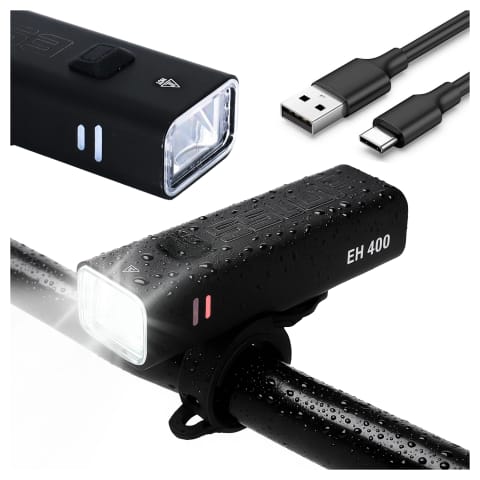 ⁨Lampka rowerowa EH 400 przód LED przednia światło roweru regulowane 400 LM 2000mah oświetlenie wodoodporna światełko na rower czarna⁩ w sklepie Wasserman.eu